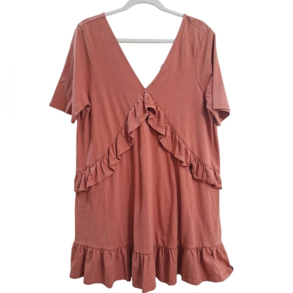 ASOS  Women´s brown V neck short sleeve Cotton Ruffle Mini DRess Sz 10 Boho